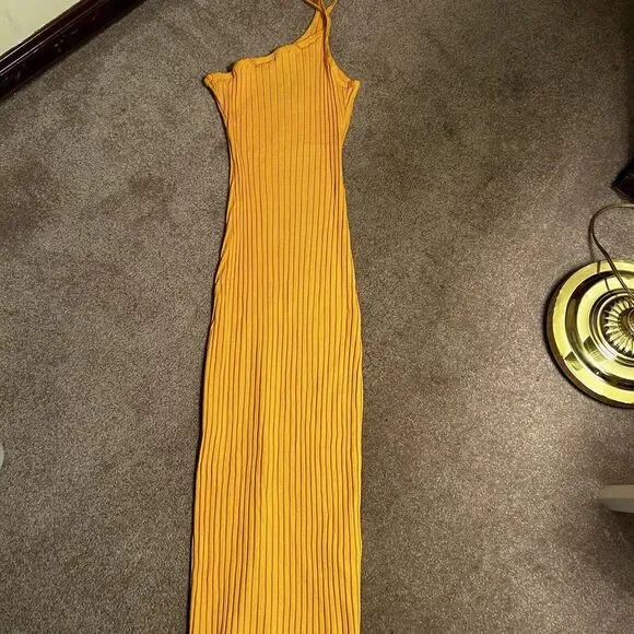 Simon Miller Dress Orange Ribbed One Shoulder Oline Saffron Bodycon Midi  Medium